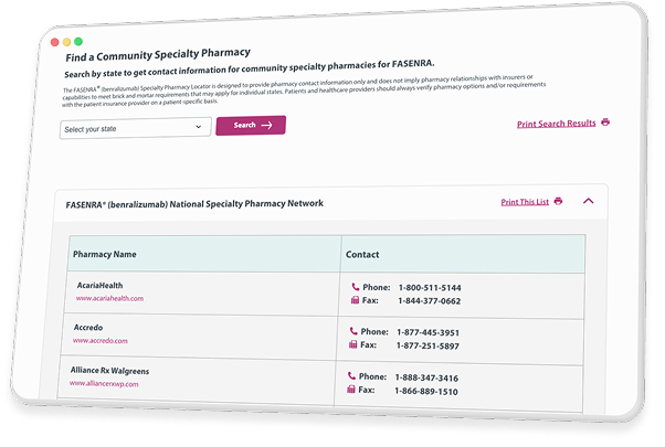 Snapshot of FASENRA Specialty Pharmacy Lookup Tool